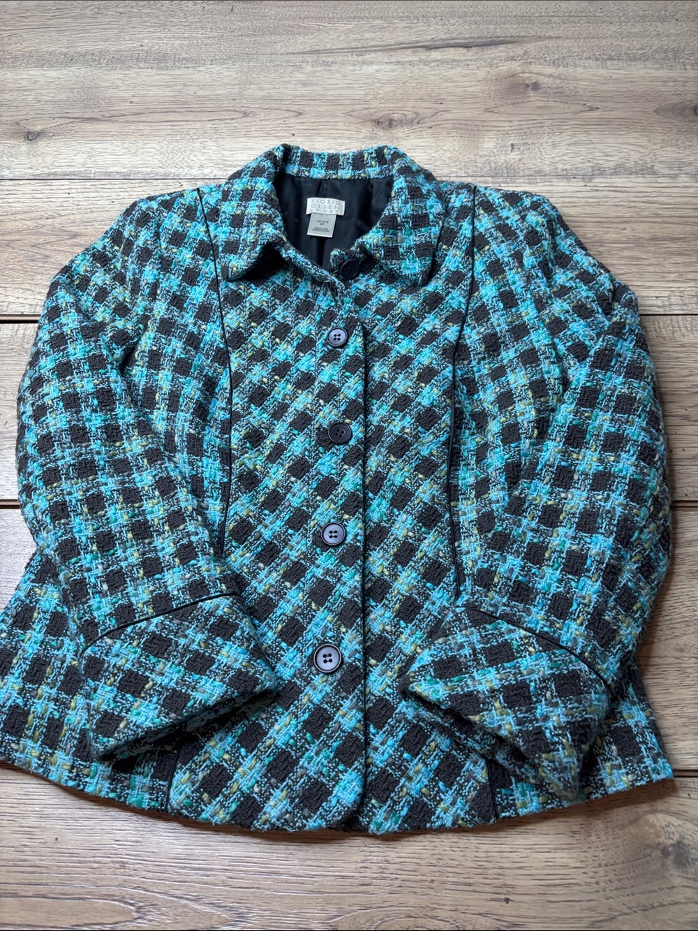 Women’s Sigrid Olsen Silk Blend Turquoise and Brown Plaid Tweed Jacket Size 6P